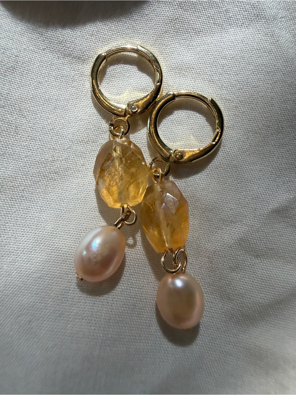 Gold Hoop Earrings with Citrine Beads and Pink Freshwater Pearls